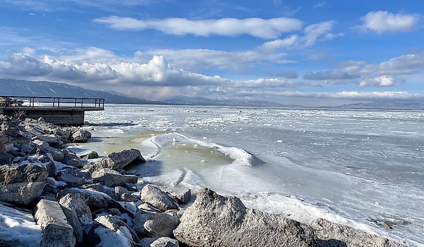 Frozen Utah Lake in Provo, Utah.