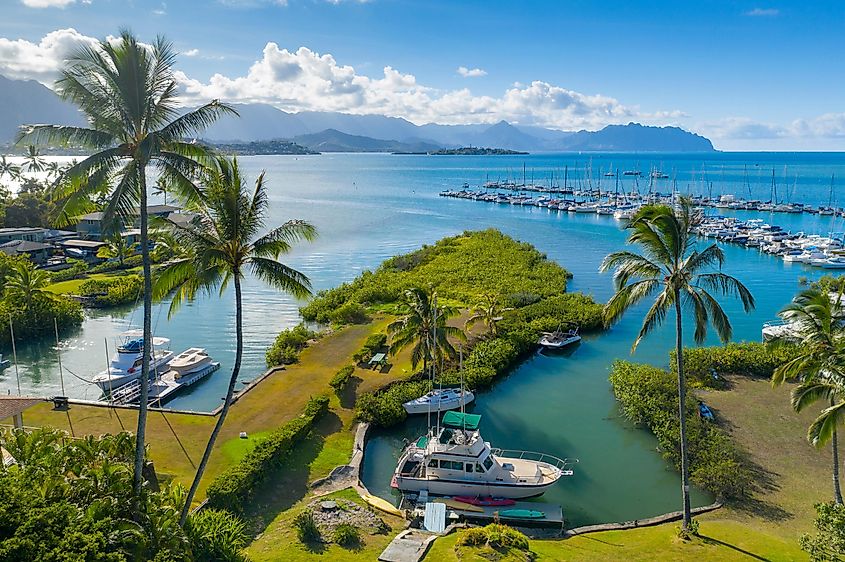 At Kaneohe with boats in the harbor.