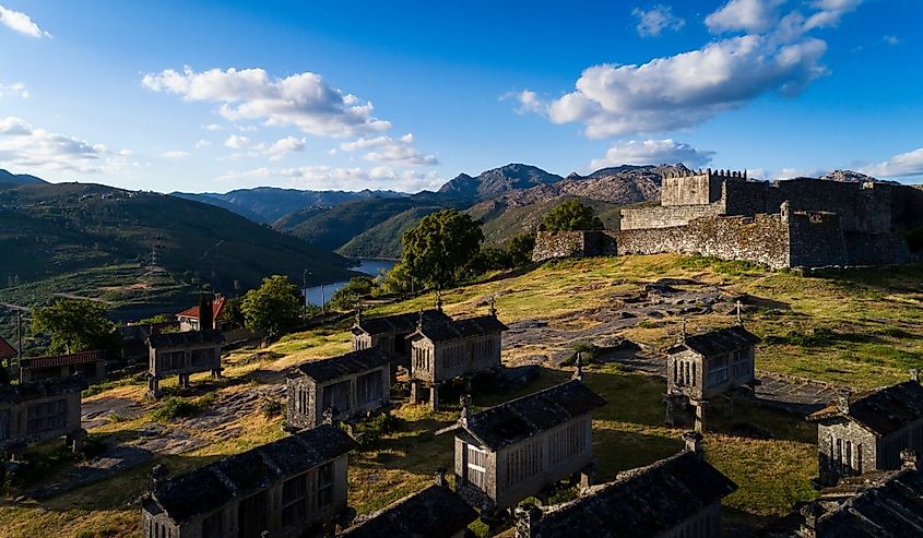 Aerial drone photo of the traditional village of Lindoso, with the old castle and the granaries, in the Minho Region.