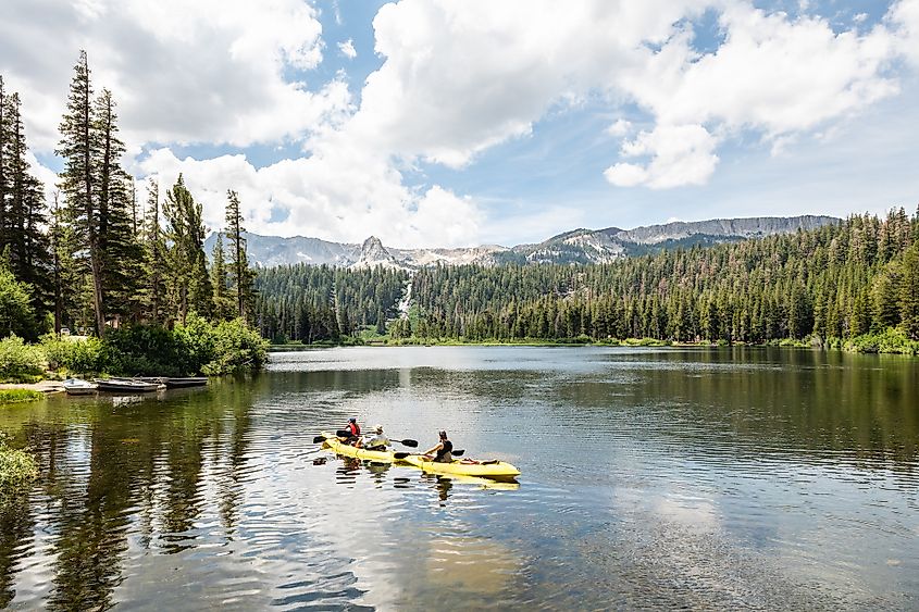 Kayakers in the picturesque Twin Lakes in Mammoth Lakes, California.