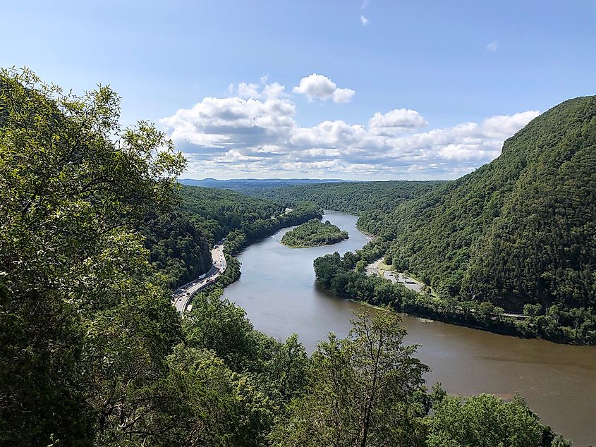 View south-southeast through the Delaware Water Gap from about 720 feet on the Mount Tammany Trail in Hardwick Township, Warren County, New Jersey