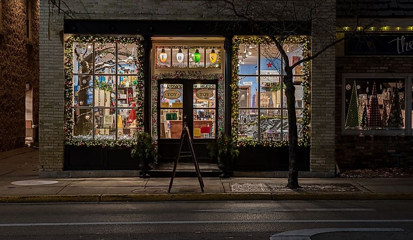 Quaint toy store at dusk in downtown Cedarburg.