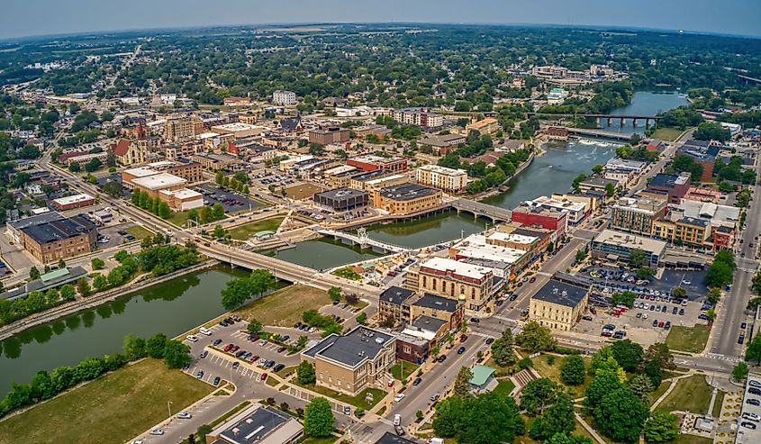 Aerial view of downtown Janesville, Wisconsin.