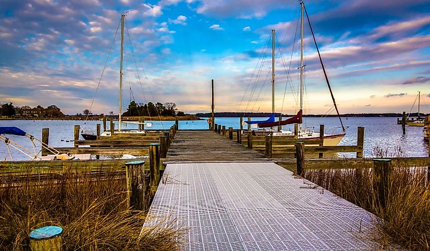 Docks in the harbor at St. Michael's, Maryland.