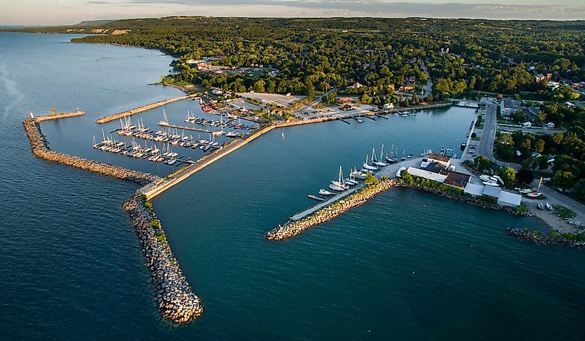 Aerial view of the waterfront in Meaford, Ontario, Canada.