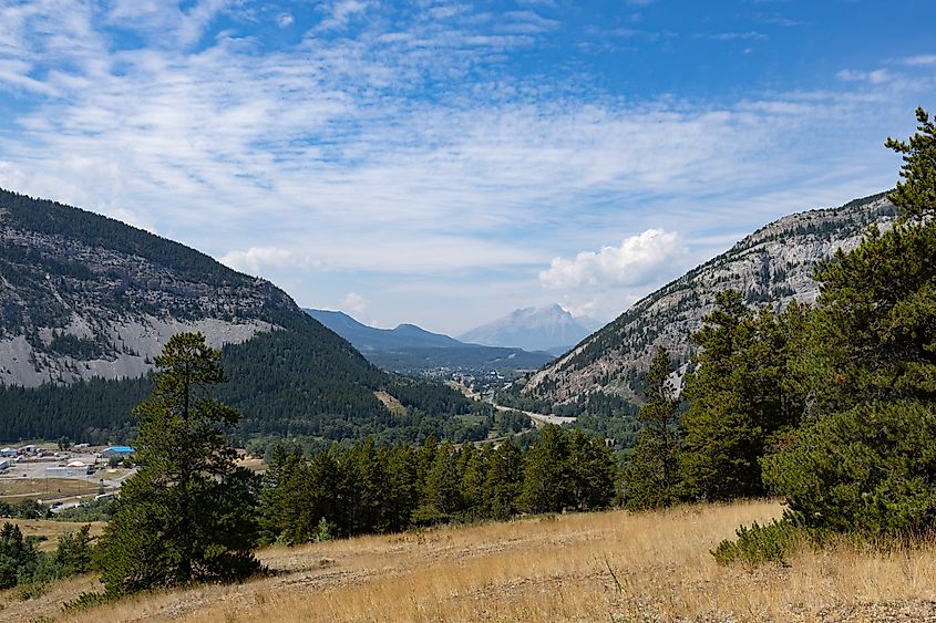 Looking westward down Crowsnest Pass. Highway 3, as well as the new site of Frank and the larger town of Blairmore, can be seen from this lookout point near the Frank Slide.