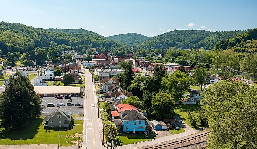 View over the railway towards the historic small town of Philippi in Barbour County in West Virginia