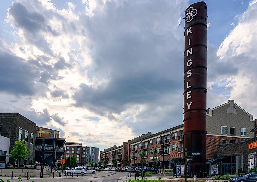 The iconic smokestack at Kingsley Town Center, Fort Mill, South Carolina.