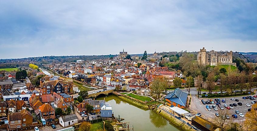 The aerial view of ancient castle in Arundel, a market town in West Sussex, England