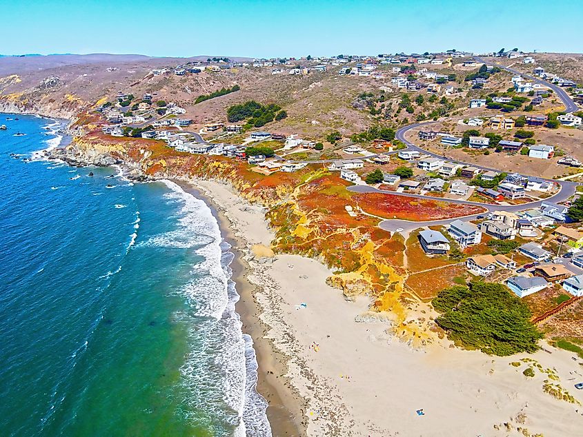 A beautiful aerial photograph of Bodega Bay, California.
