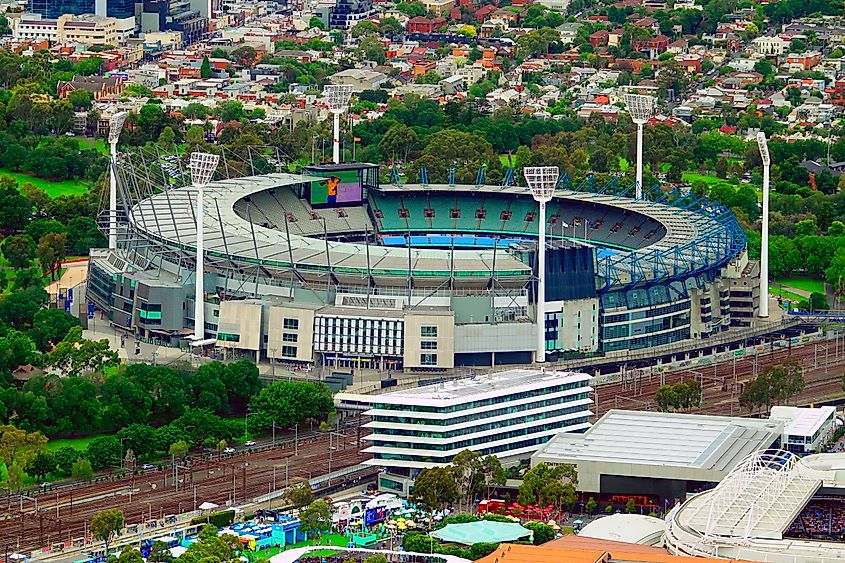 Cricket ground with Melbourne skyline and Port Phillip Bay, Australia. Image Credit Dennis MacDonald via Shutterstock.