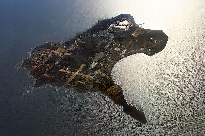 View of Kelleys Island, Ohio, looking west, showcasing the island's shoreline and natural landscape.