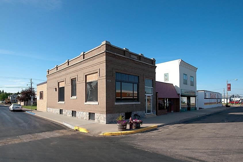 Street view of shops in Walhalla, North Dakota.