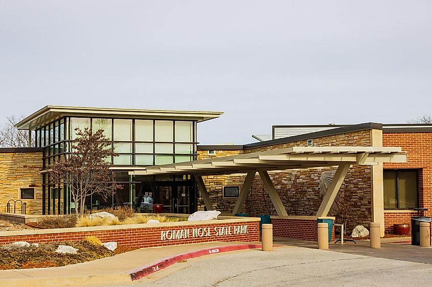 Oklahoma, FEB 13 2023 - Sunny view of the visitor center of Roman Nose State Park.