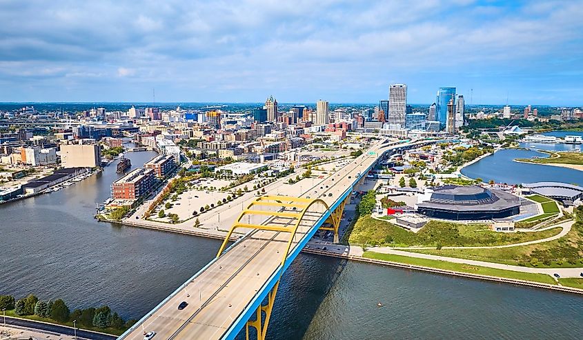 Aerial View of Milwaukee Bridge, Stadium, and Urban Skyline