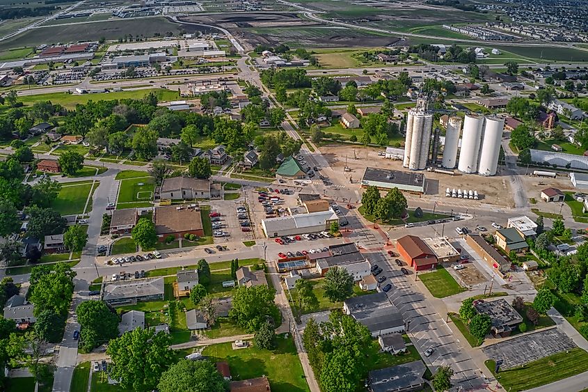 Aerial View of the Downtown Center of Waukee, Iowa, during Summer.