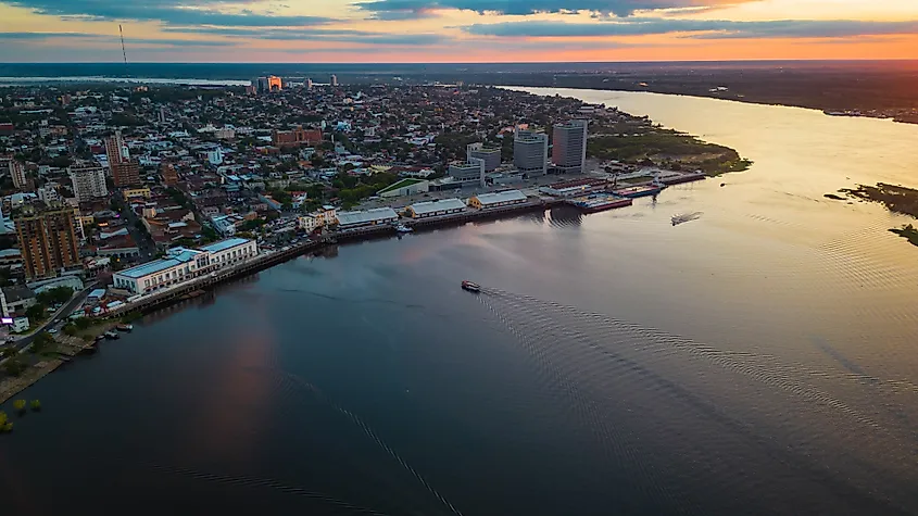 Aerial Drone Fly Above Asuncion City Waterfront in Paraguay.