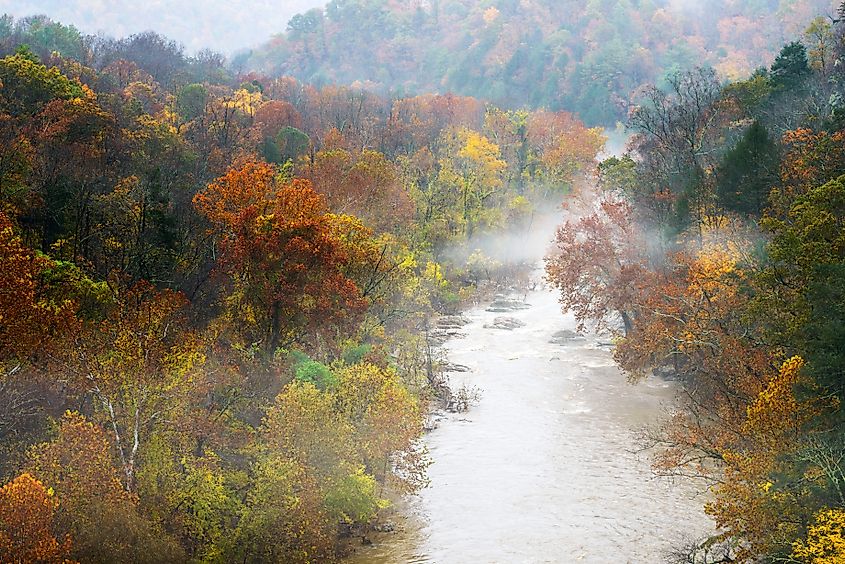 The Roanoke River cloaked in autumn beauty and fog along the Blue Ridge Parkway National Park in Virginia.