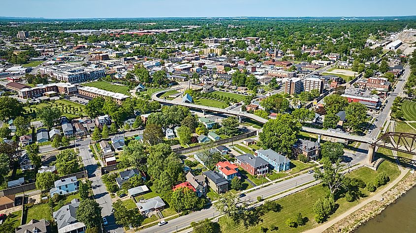 Aerial low traffic roads Louisville Kentucky downtown city aerial.