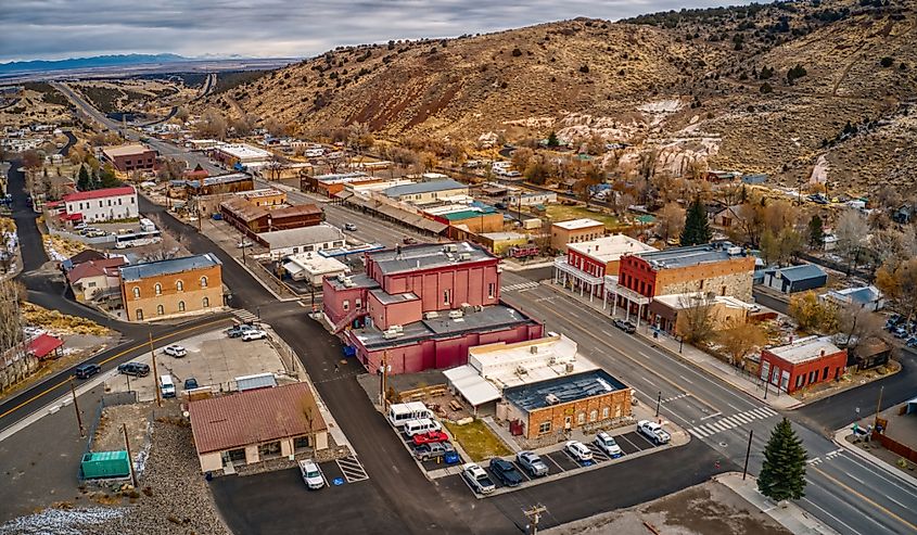 Aerial View of the tiny town of Eureka, Nevada on Highway 50