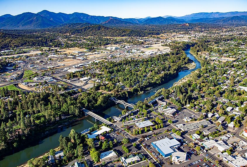 Aerial view of downtown Grants Pass with the Rogue River.