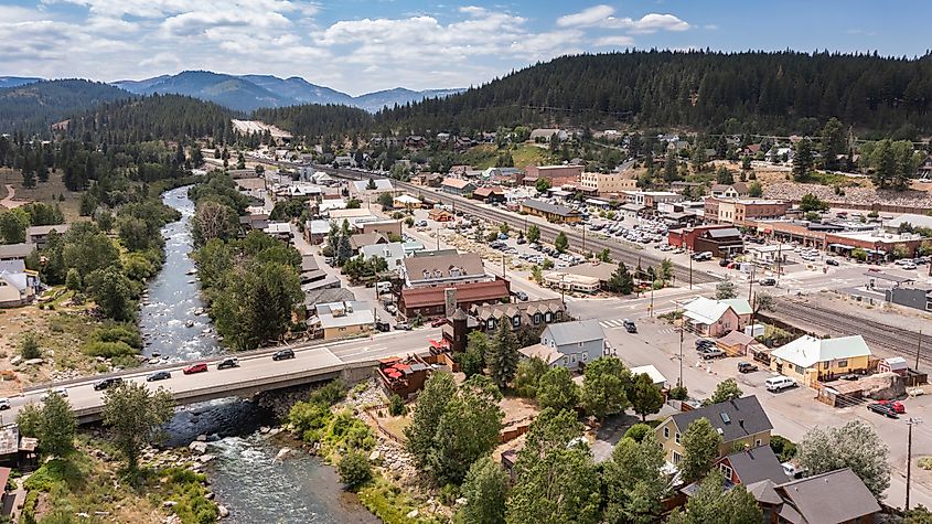 Afternoon sun illuminating the historic Gold Rush era architecture of downtown Truckee, California.