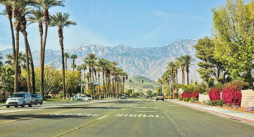 Horizontal image of traffic on Gerald Ford Drive in Ranch Mirage, California.