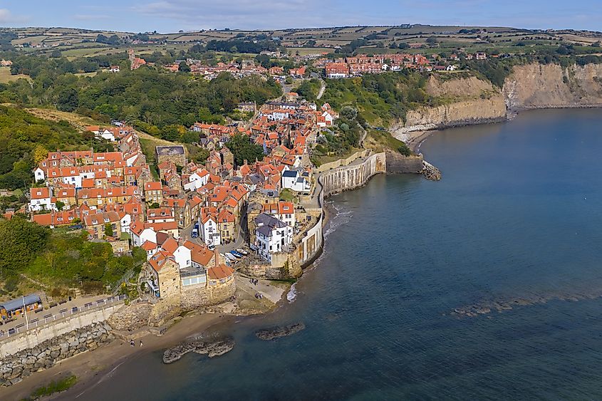Aerial view of Robin Hood’s Bay, Yorkshire, England