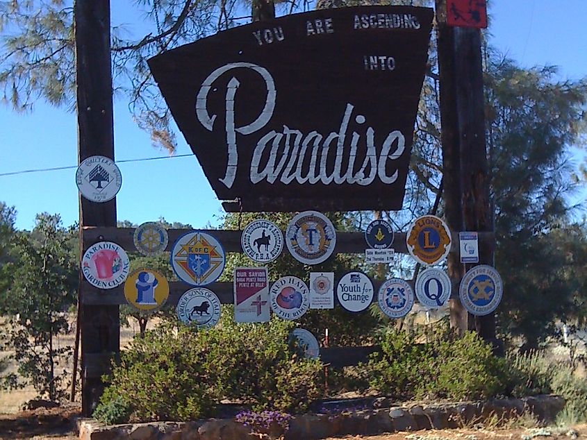 Welcome to Paradise sign on Clark road, California.