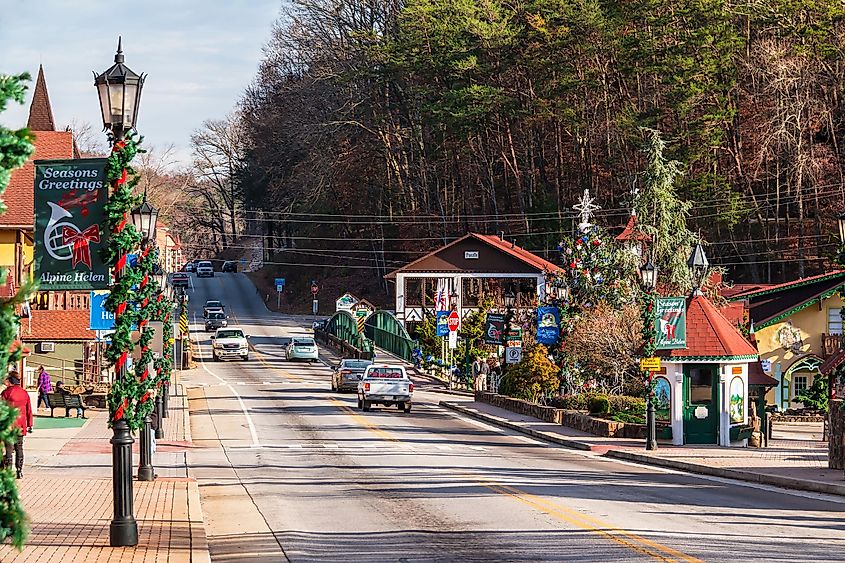 View of the Main street with Christmas decorations in bright sunny day