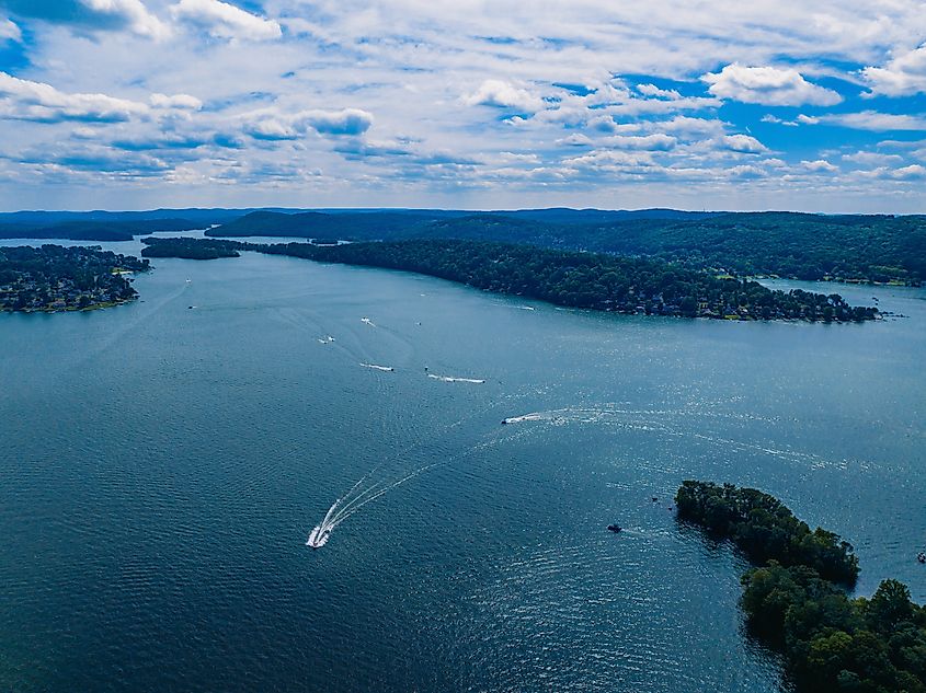 Aerial view of Candlewood Lake near Sherman in Connecticut.