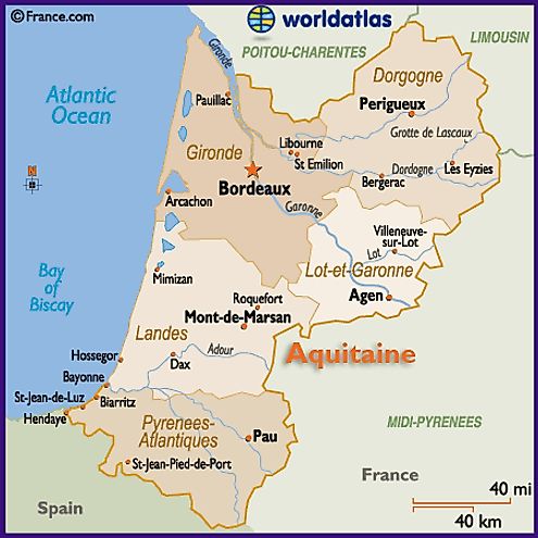 Map of the Aquitaine Region of France Including Toulouse Rodez Lourdes ...