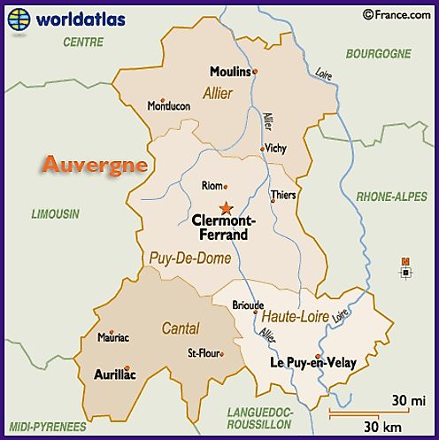 Map of the Auvergne Region of France Including Clermont-Ferrand ...