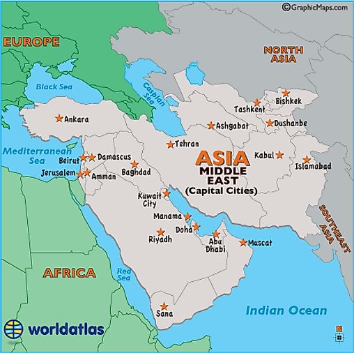 Middle East Capital Cities Map - Map of Middle East Capital Cities - by ...