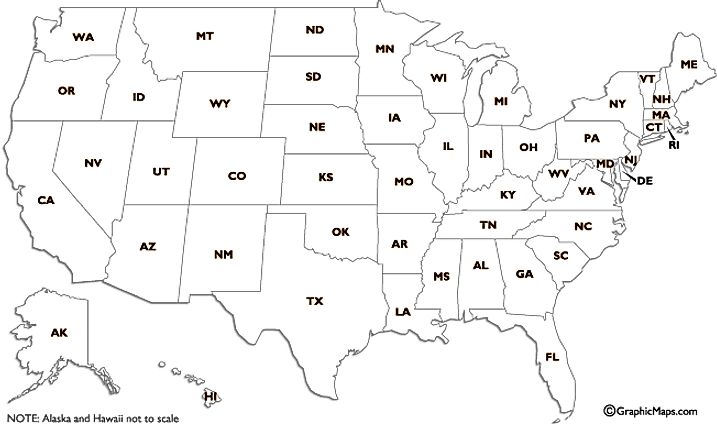 US States Two Letter Abbreviations Map