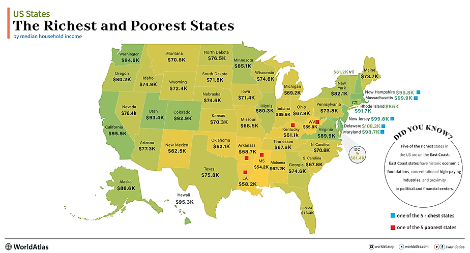 infographic showing median household income for each US state, 5 richest US states, 5 Poorest US states