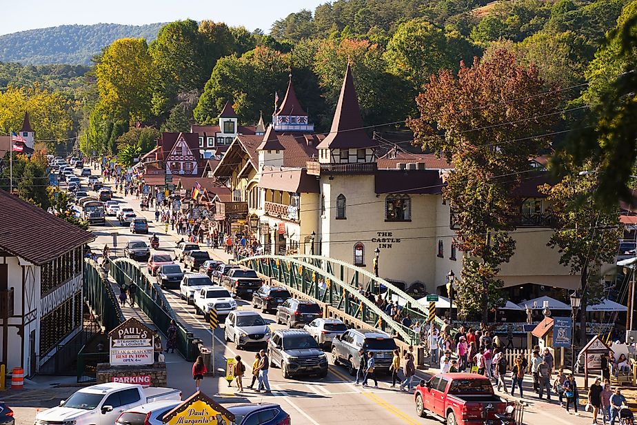 Crowded street in Helen, Georgia, during Oktoberfest. Editorial credit: Anne Elle / Shutterstock.com.