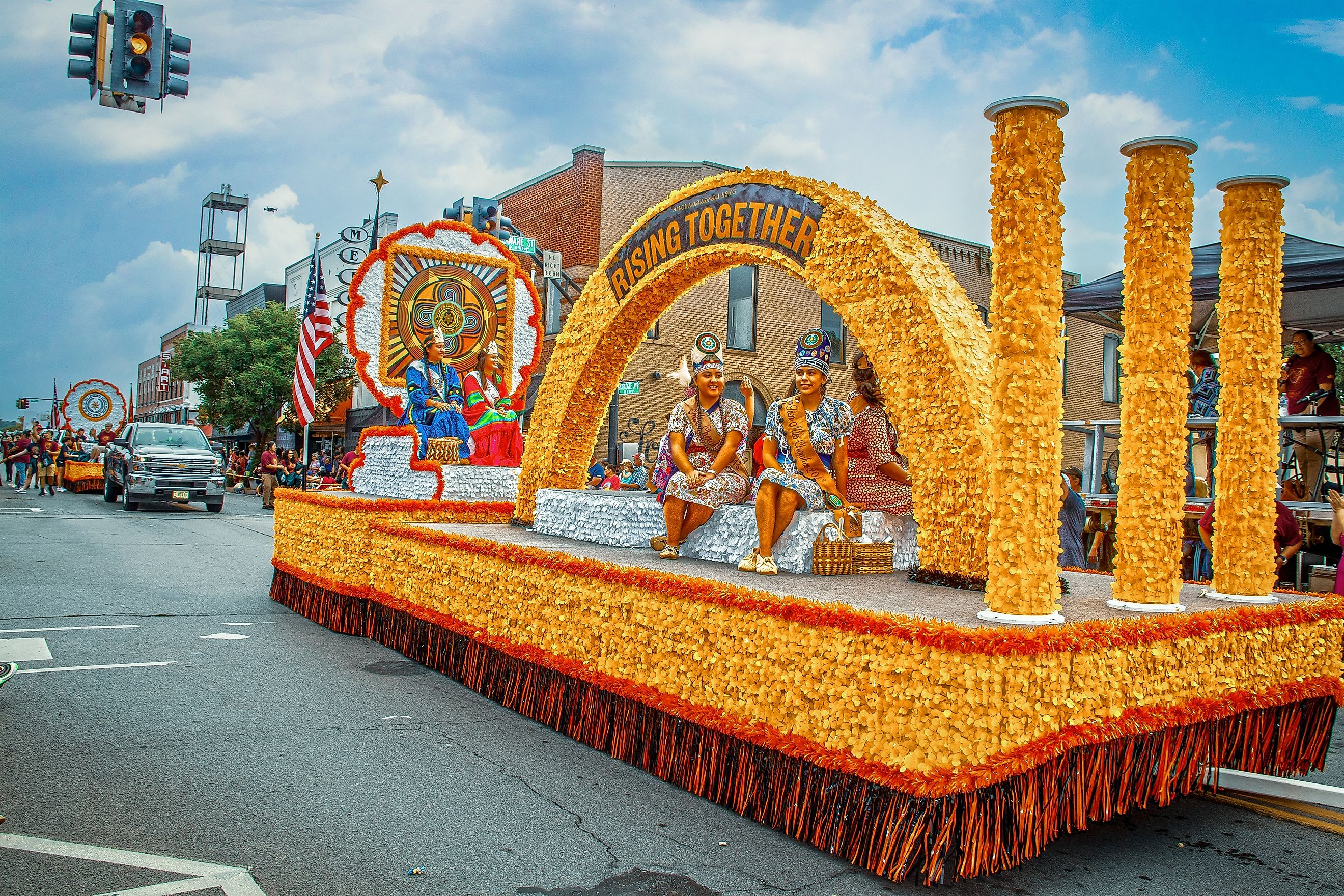 A float celebrating Cherokee culture in Tahlequah, Oklahoma. Image: Vineyard Perspective / Shutterstock. 