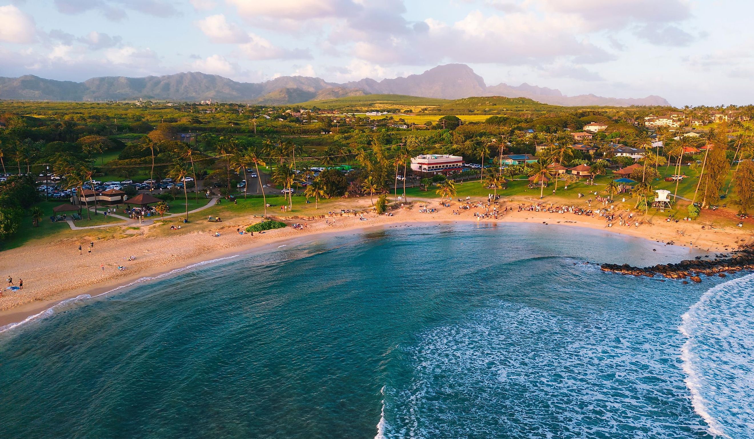 Aerial of Poipu beach during sunset in Kauai Hawaii USA