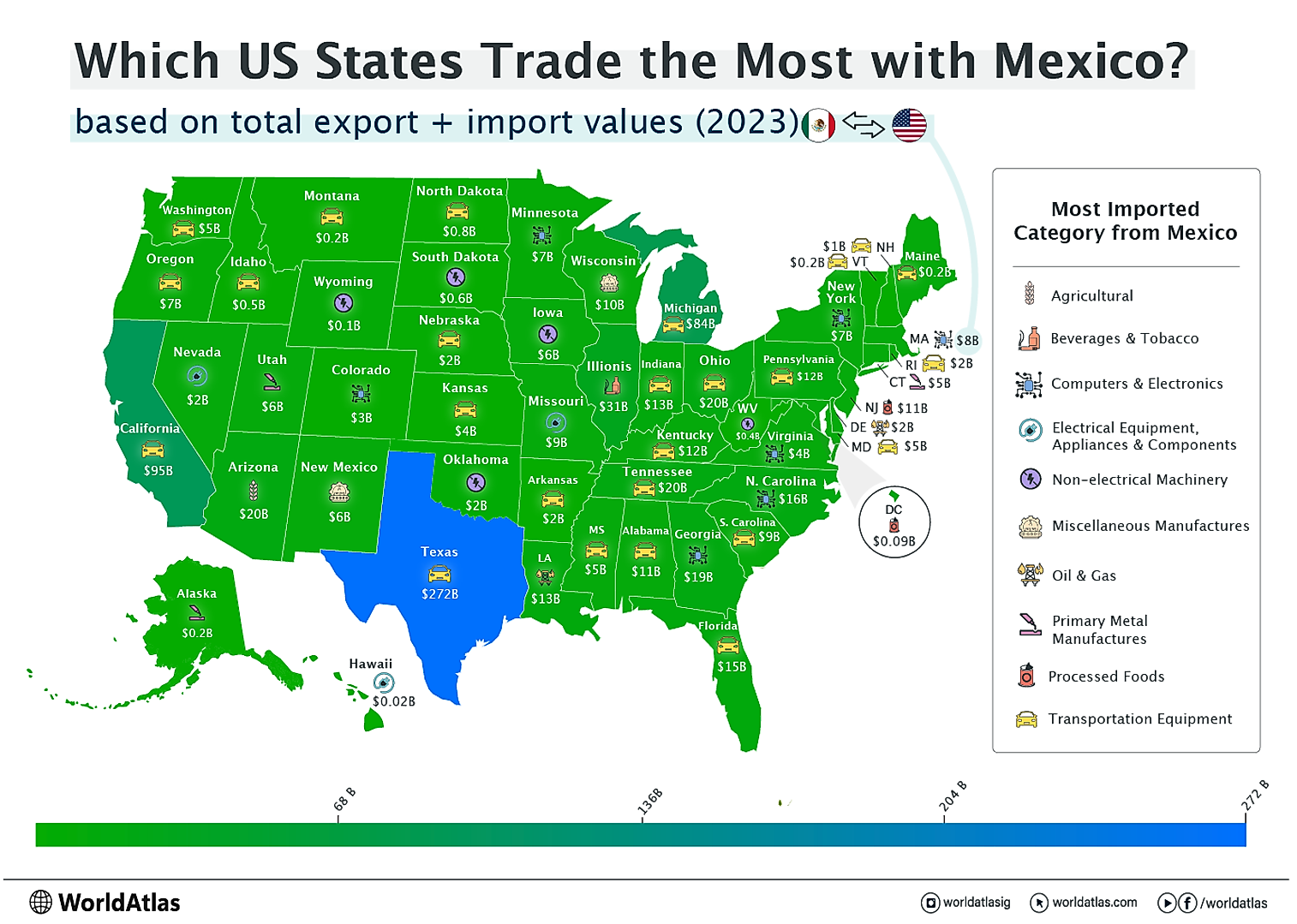 Map showing US trade with Mexico for each state