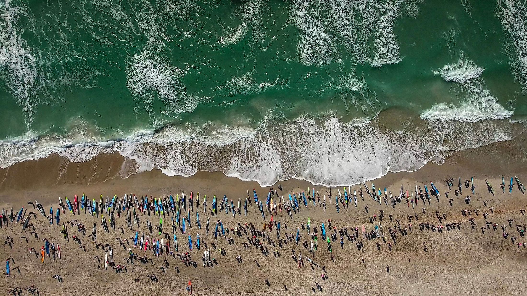 Aerial view of a paddleboard race at Wrightsville Beach in North Carolina. Editorial credit: Jed Whitley / Shutterstock.com