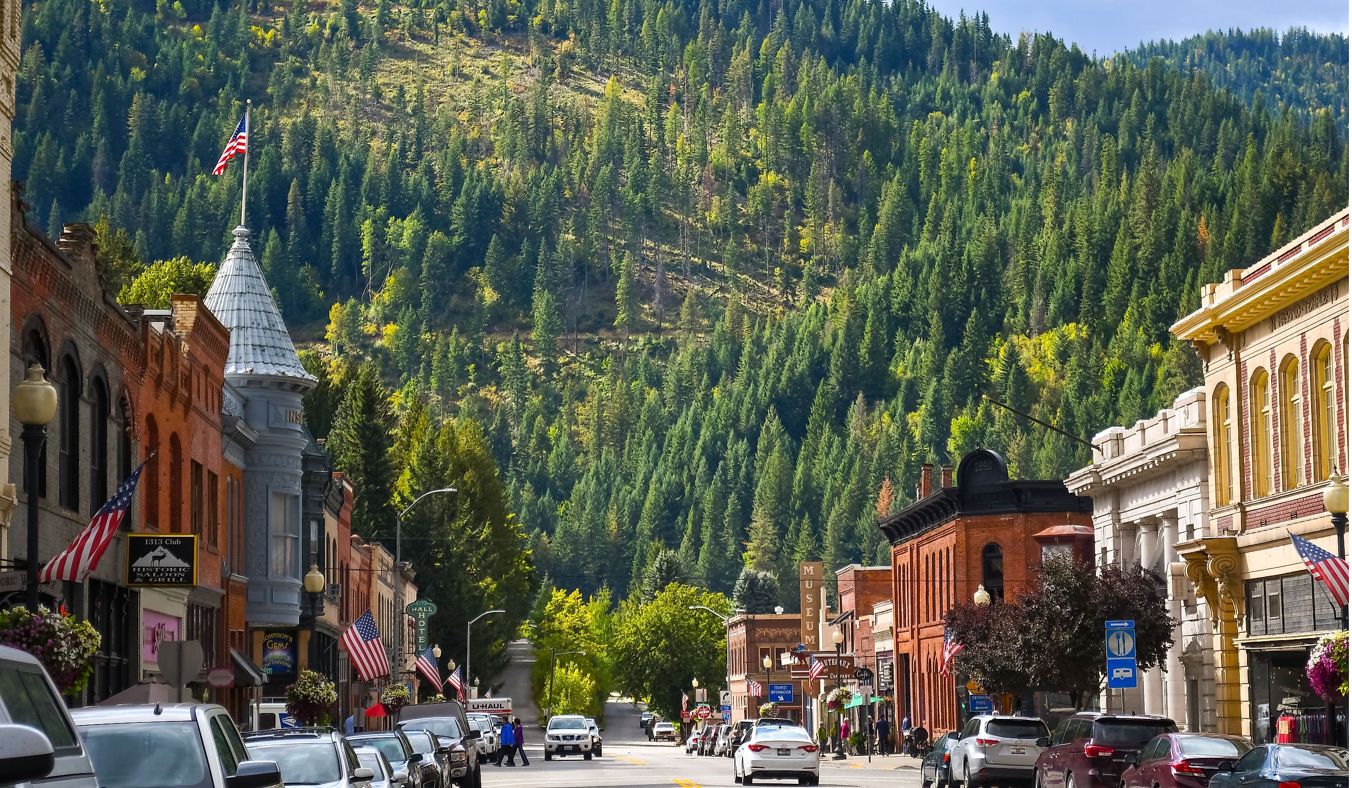 Main street with it's turn of the century brick buildings in the historic mining town of Wallace, Idaho.