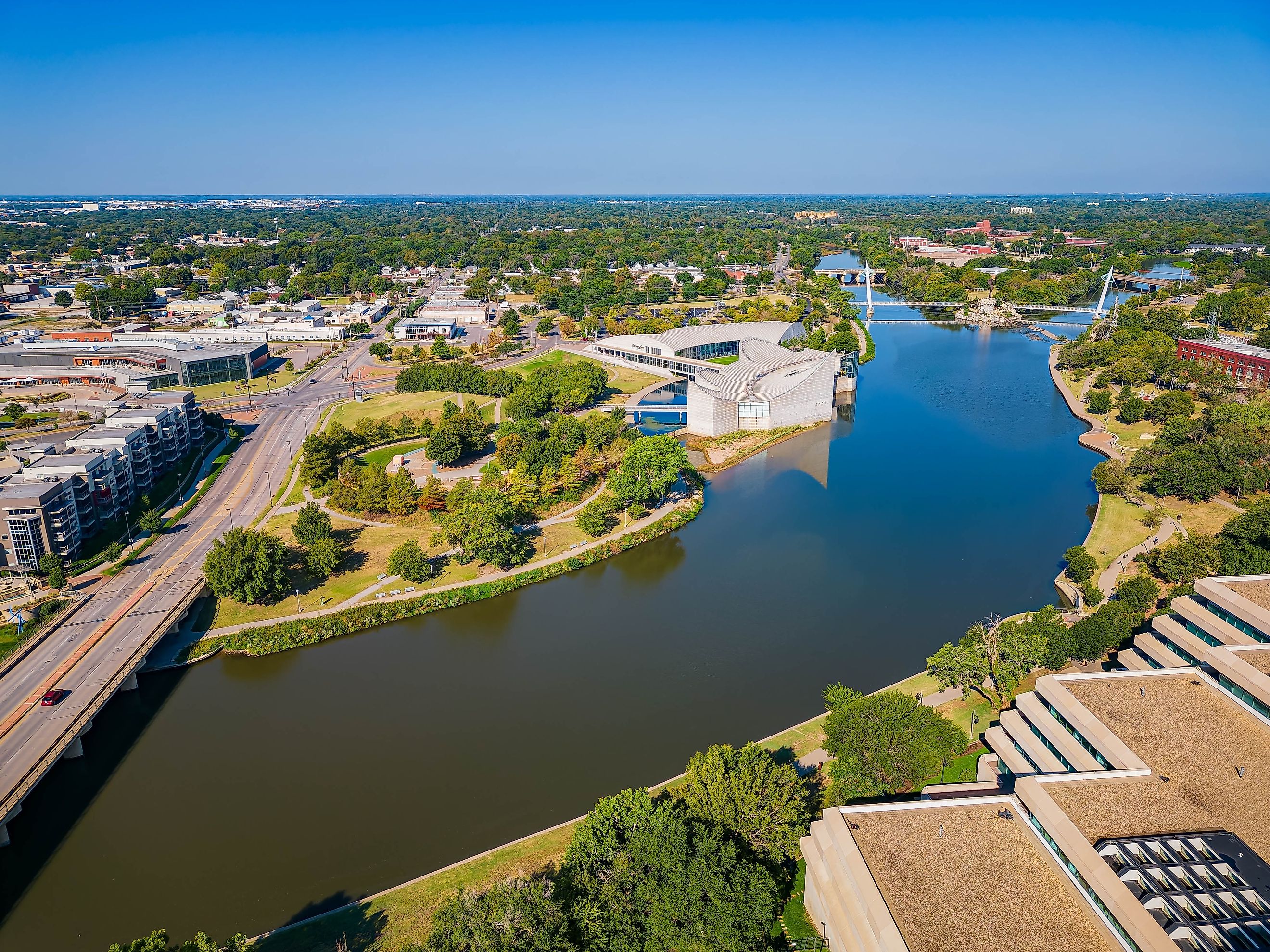 Sunny aerial view of the Exploration Place at Kansas.