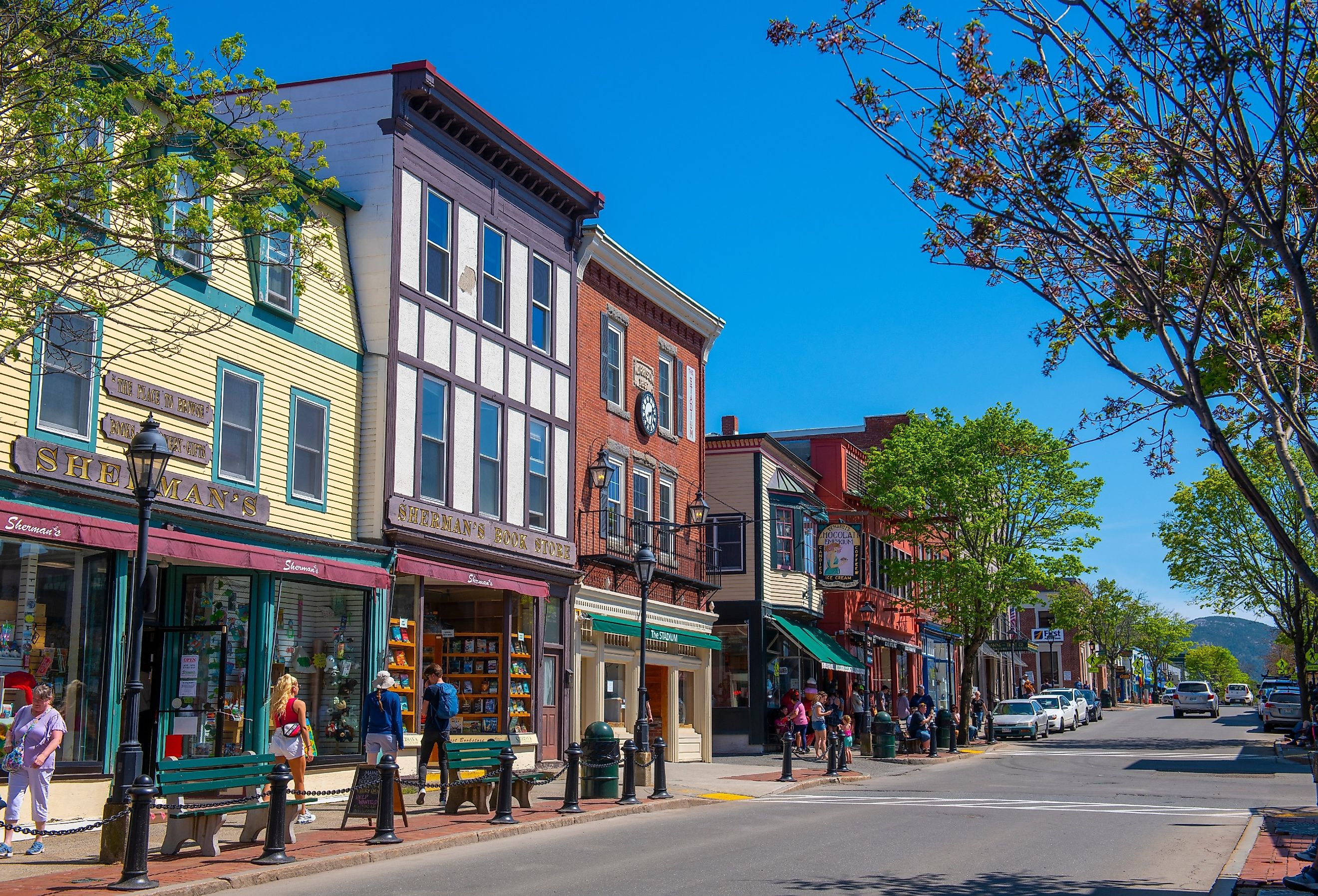 Sherman's Book Store and Stadium restaurant at 58 Main Street in historic town center of Bar Harbor, Maine. Image credit Wangkun Jia via Shutterstock