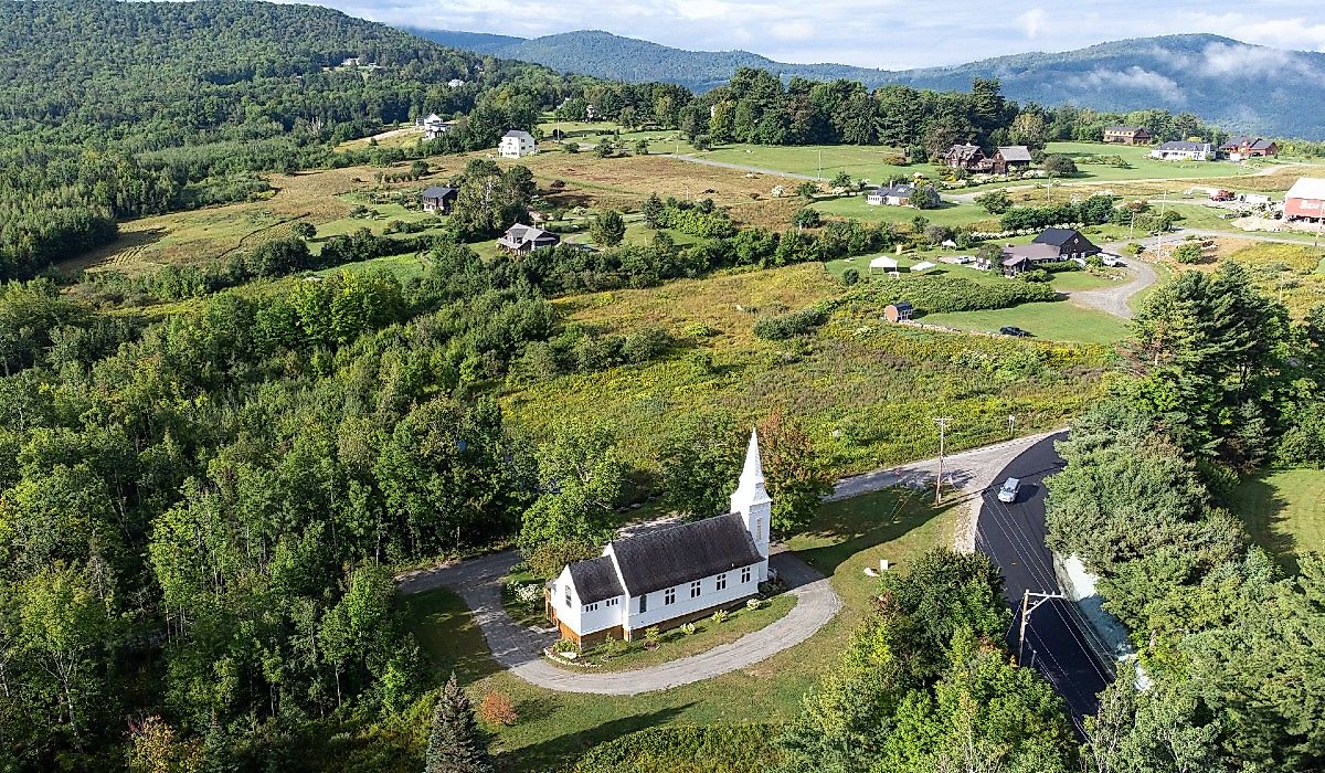 Drone shot of St Matthew's Church in Sugar Hill New Hampshire.