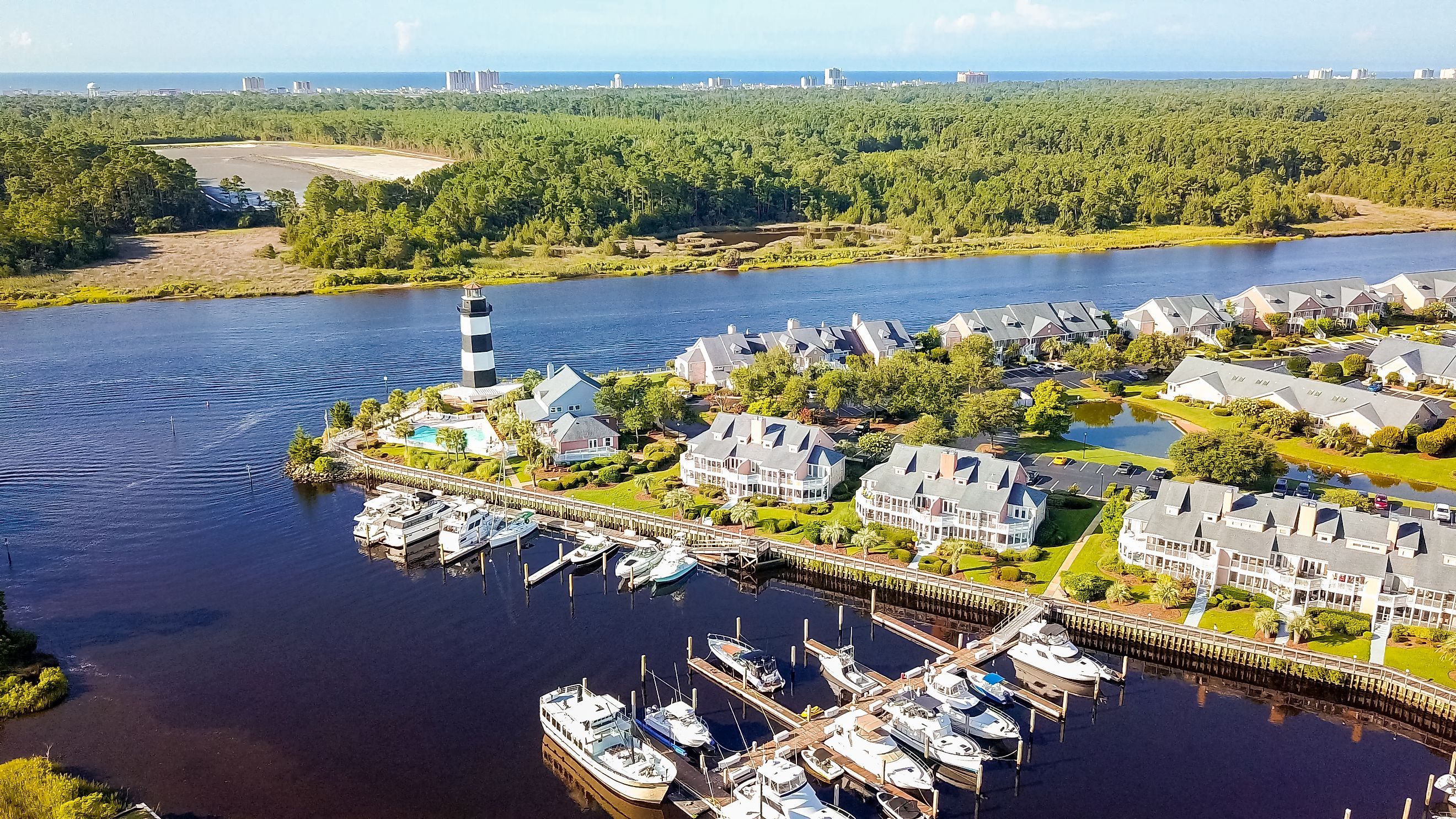 Aerial view of an Intracoastal Waterway marina in South Carolina