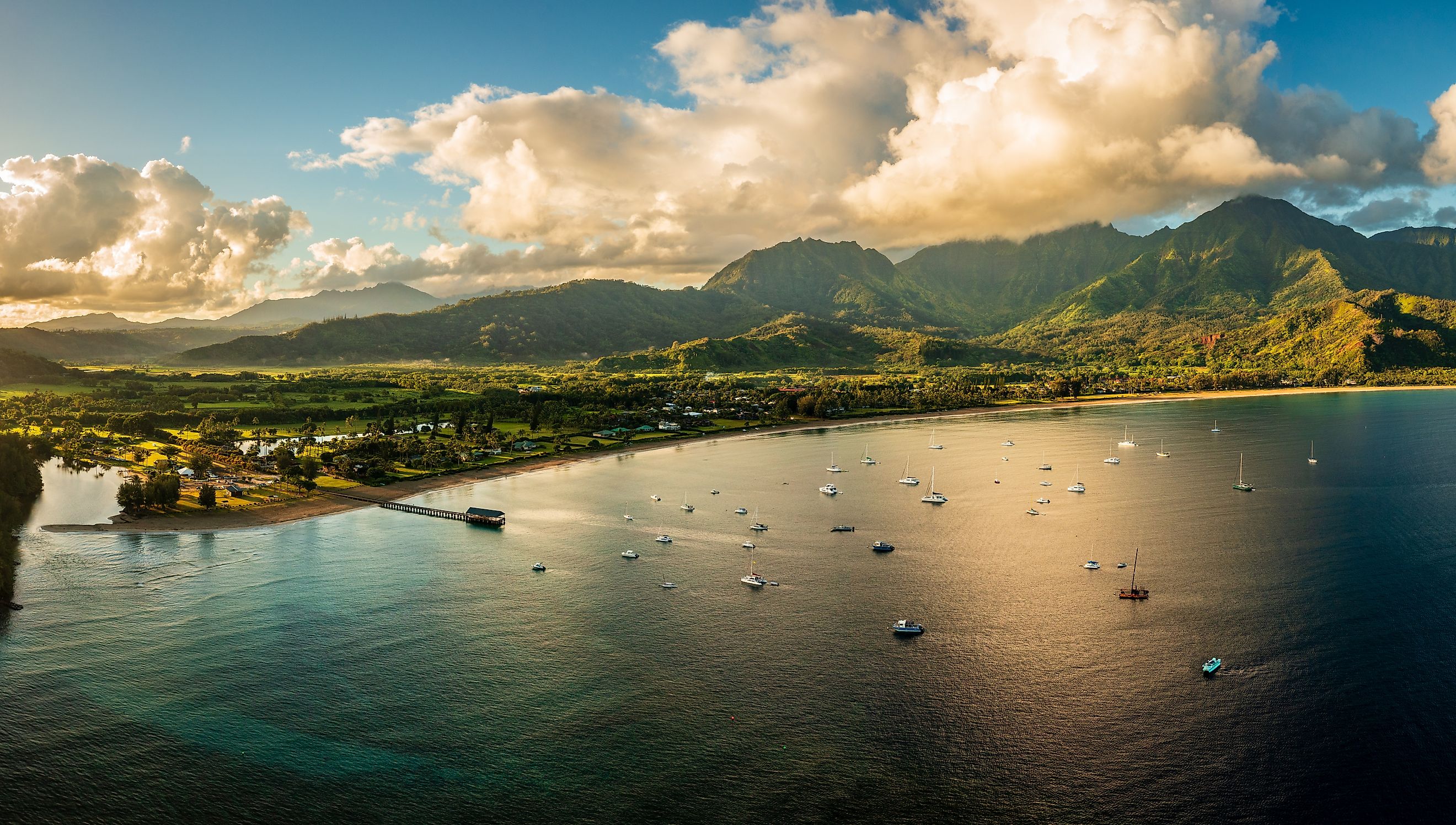 Aerial view of the bay and town of Hanalei