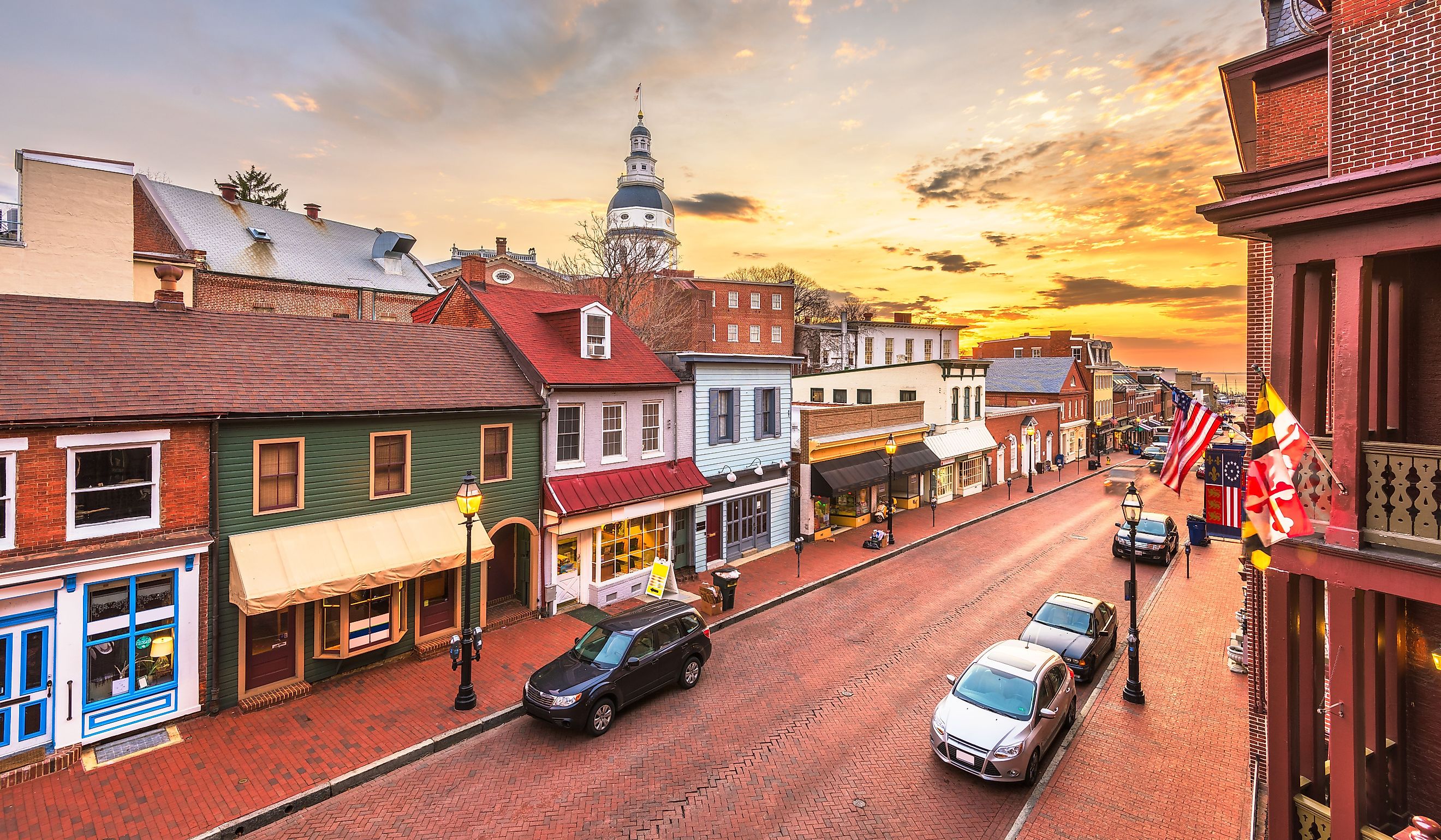 Annapolis, Maryland, USA downtown view over Main Street with the State House at dawn.