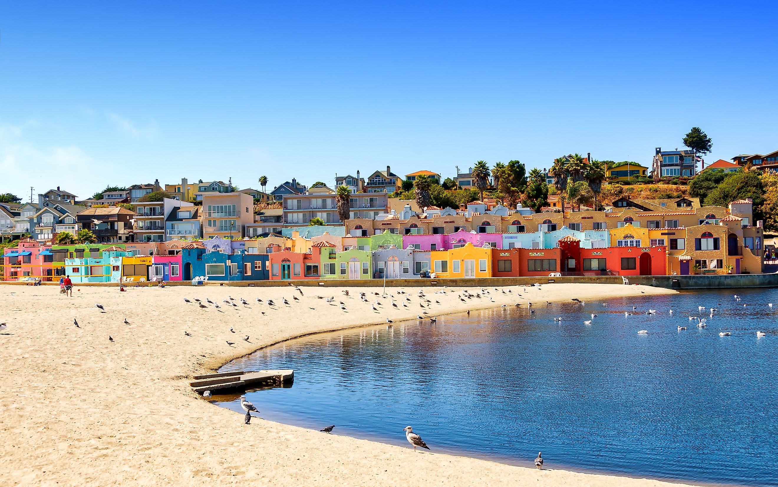 Colorful residential neighborhood, Capitola Venetian Court, along the California coast.