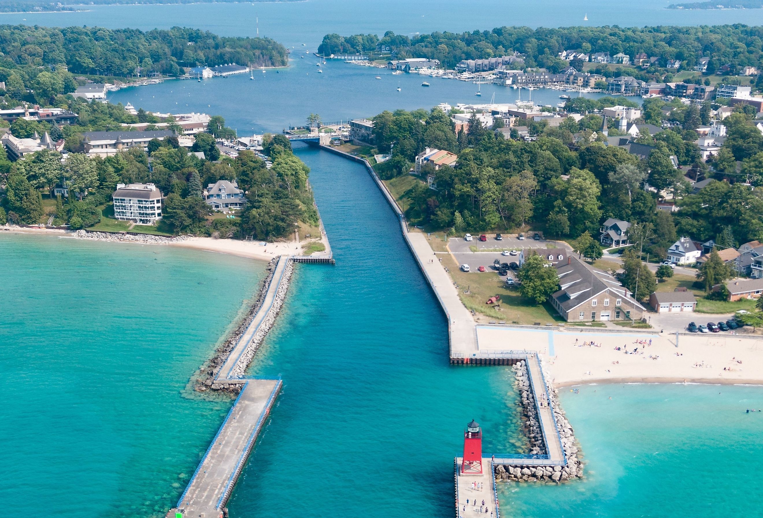 Aerial view of the Round Lake Channel in Charlevoix, Michigan